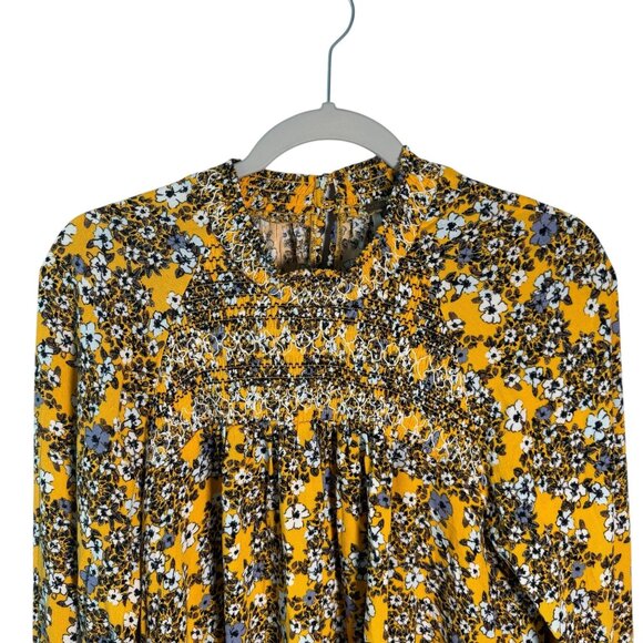 Free People Yellow Floral Boho Smocked Long Sleeve Top Tunic S - Picture 2 of 8